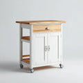 Küchenwagen mit Schrank Schublade und Rollen Weiß Natur 80 x 45 x 90 cm MDF und Kautschukholz Rechteckig