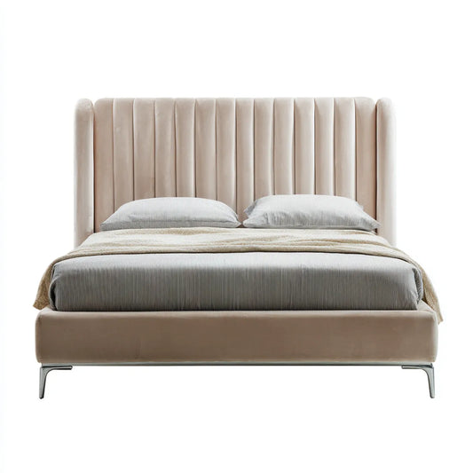 Polsterbett Doppelbett Beige 180 x 200 cm Polyester-Samt Rechteckig mit gepolstertem Kopfteil