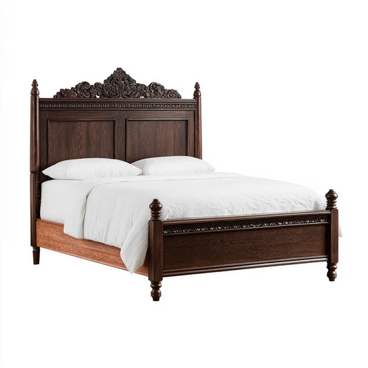 Doppelbett Massivholz Dunkelbraun 160 x 200 cm mit geschnitztem Kopfteil rechteckig