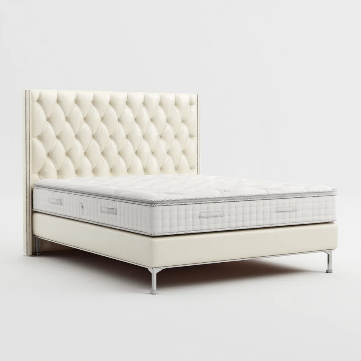 Doppelbett Set Weiß 180 x 200 cm mit Taschenfederkernmatratze Kunstleder Kopfteil mit Knopfheftung Rechteckig