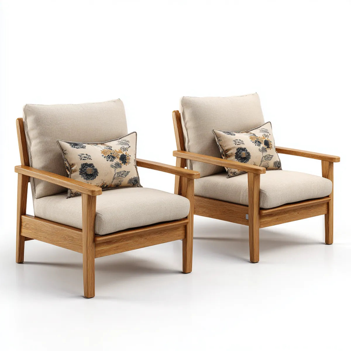 Sessel 2er Set Beige aus massivem Eichenholz mit Polyesterbezug rechteckig 68 x 78 x 84 cm